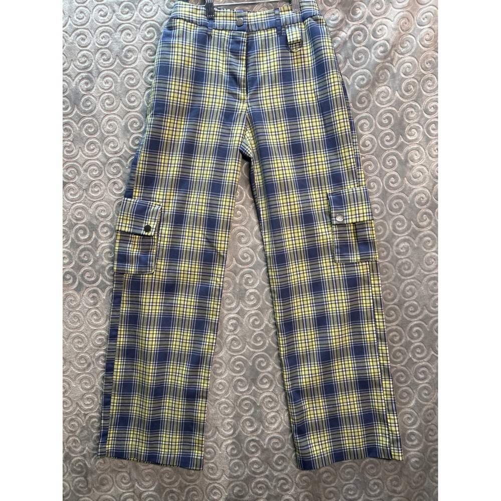 Forever 21 Plaid Cargo Pants Womens Size‎ S Yellow Blue Checkered
